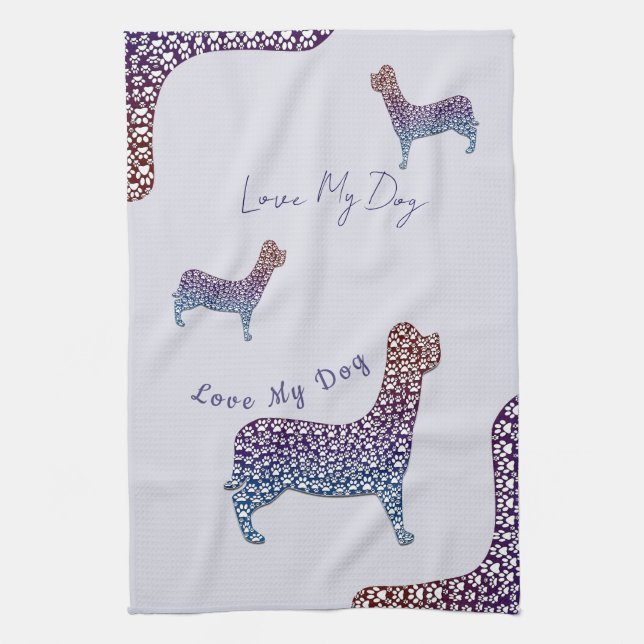 Embossed Indigo Gradient Paw Print Dog Outline Tea Towel (Vertical)