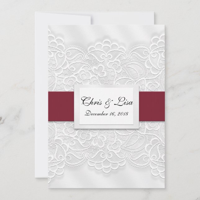 Embossed Lace Deep Red Bible Scripture Wedding 5x7 Invitation (Front)