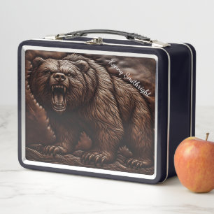 Embossed Leather Grizzly: Fierce Elegance Metal Lunch Box