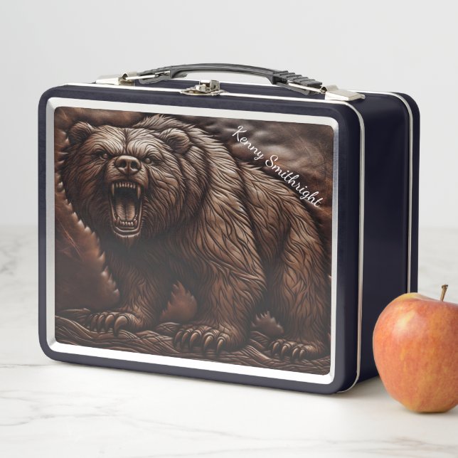 Embossed Leather Grizzly: Fierce Elegance Metal Lunch Box (In Situ)