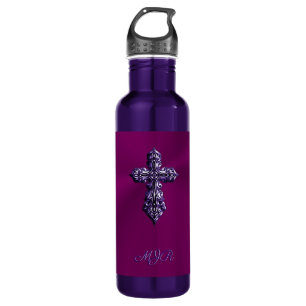 Embossed-look Gothic Cross in Purple with Monogram 710 Ml Water Bottle