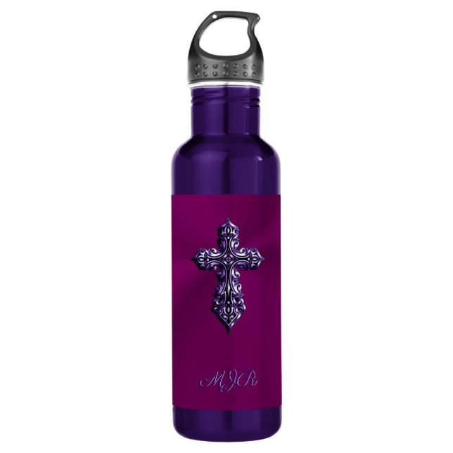 Embossed-look Gothic Cross in Purple with Monogram 710 Ml Water Bottle (Front)