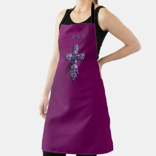 Embossed-look Gothic Cross in Purple with Monogram Apron