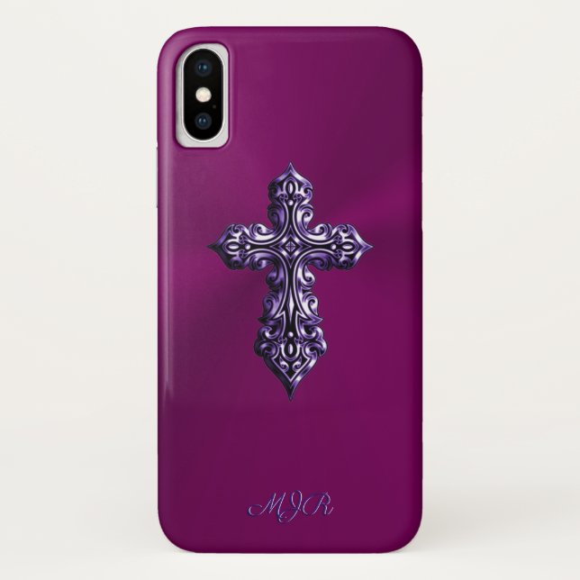 Embossed-look Gothic Cross in Purple with Monogram Case-Mate iPhone Case (Back)