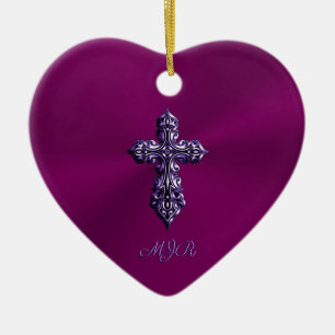 Embossed-look Gothic Cross in Purple with Monogram Ceramic Tree Decoration