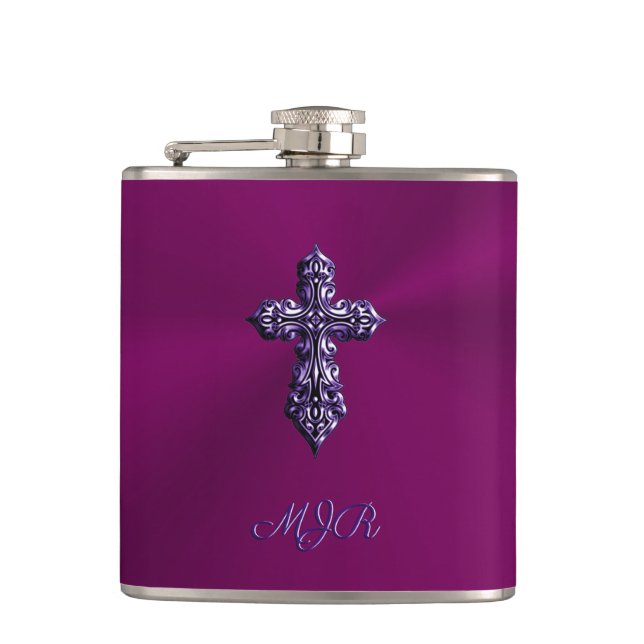 Embossed-look Gothic Cross in Purple with Monogram Hip Flask (Front)