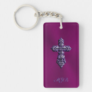 Embossed-look Gothic Cross in Purple with Monogram Key Ring