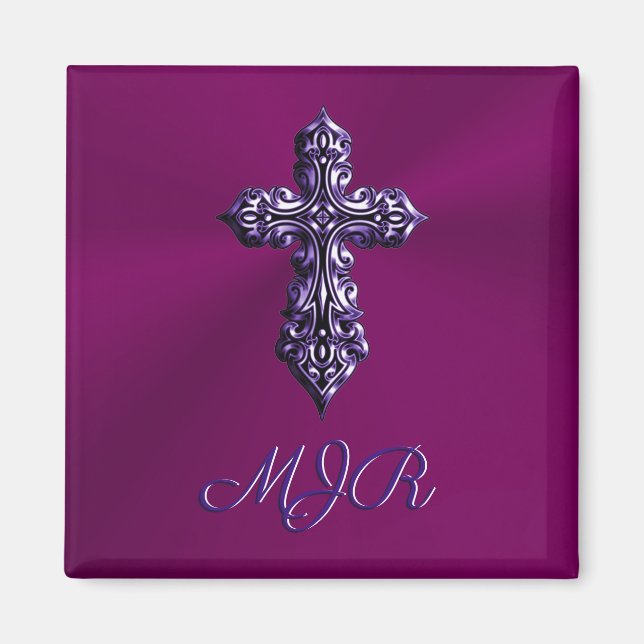 Embossed-look Gothic Cross in Purple with Monogram Magnet (Front)