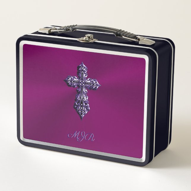 Embossed-look Gothic Cross in Purple with Monogram Metal Lunch Box (Front)