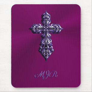 Embossed-look Gothic Cross in Purple with Monogram Mouse Mat