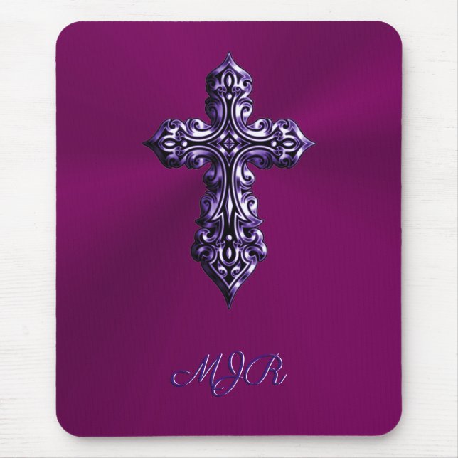 Embossed-look Gothic Cross in Purple with Monogram Mouse Mat (Front)