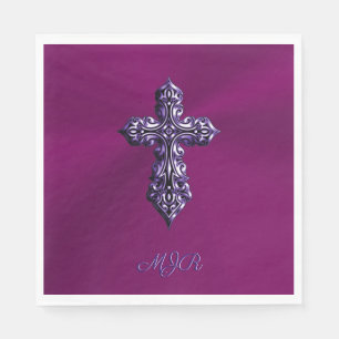Embossed-look Gothic Cross in Purple with Monogram Napkin