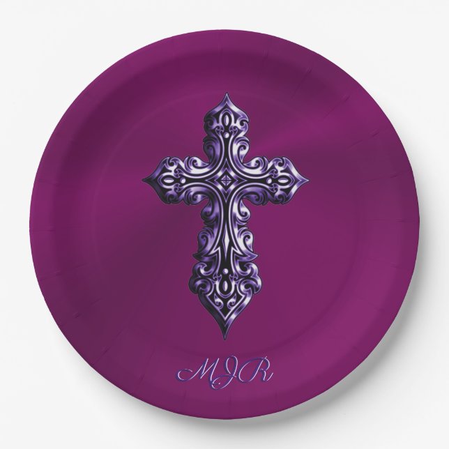 Embossed-look Gothic Cross in Purple with Monogram Paper Plate (Front)