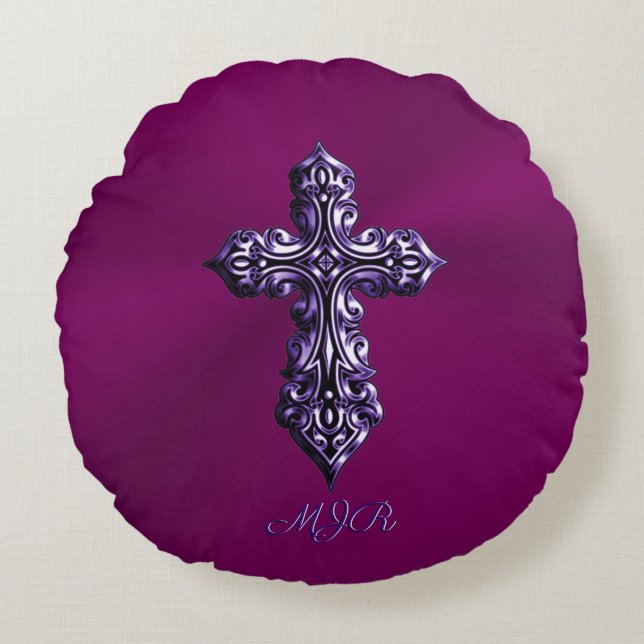 Embossed-look Gothic Cross in Purple with Monogram Round Cushion (Front)