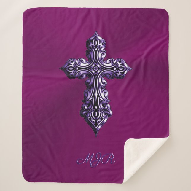 Embossed-look Gothic Cross in Purple with Monogram Sherpa Blanket (Front)