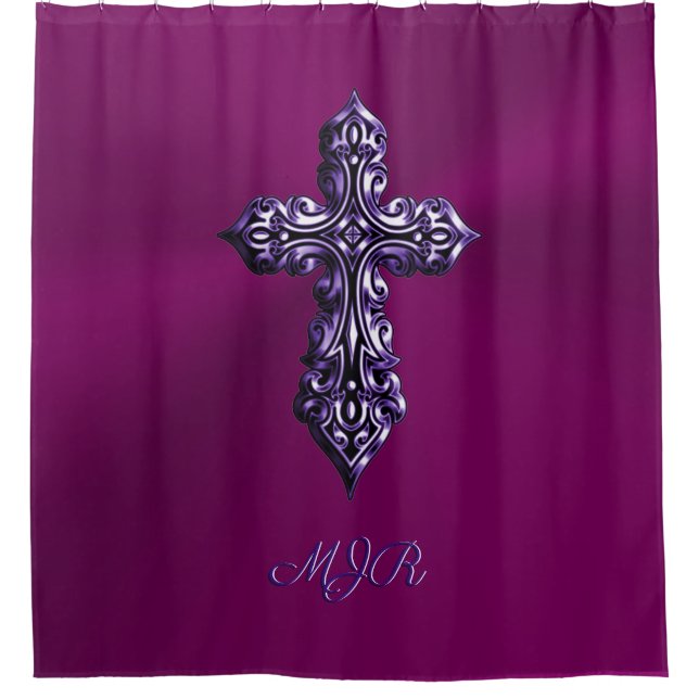 Embossed-look Gothic Cross in Purple with Monogram Shower Curtain (Front)