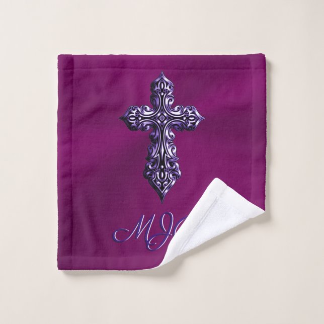 Embossed-look Gothic Cross in Purple with Monogram Wash Cloth (Wash Cloth)