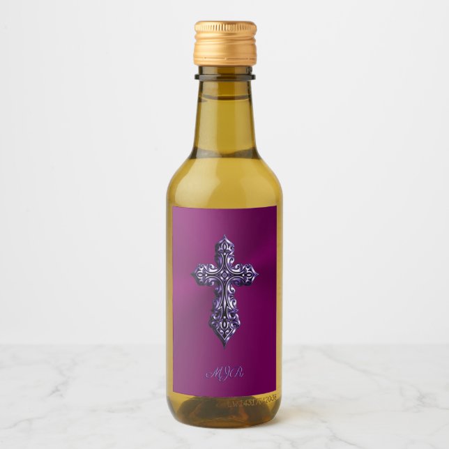 Embossed-look Gothic Cross in Purple with Monogram Wine Label (Front)