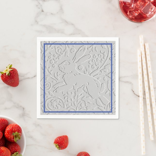 Embossed Look Grey Rabbit Bunny Blue Border Napkin (Insitu)
