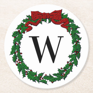Embossed Look Holly Wreath Monogram Round Paper Coaster