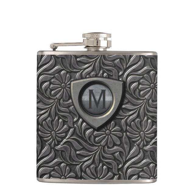 Embossed Metal Shield Monogram ID139 Hip Flask (Front)