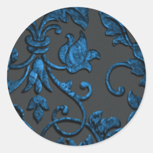 Embossed Metallic Damask, Blue Classic Round Sticker