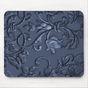 Embossed Metallic Damask Navy Blue Mouse Mat