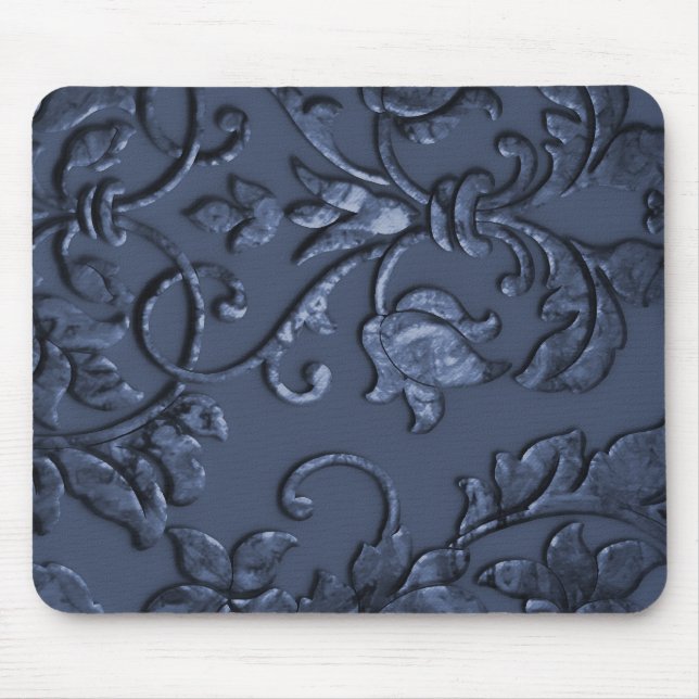 Embossed Metallic Damask Navy Blue Mouse Mat (Front)