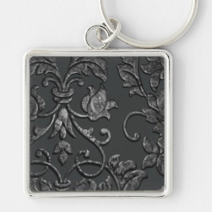 Embossed Metallic Damask, Pewter Key Ring