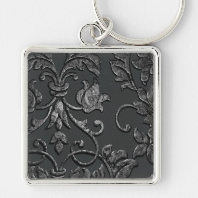 Embossed Metallic Damask, Pewter Key Ring (Front)
