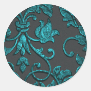Embossed Metallic Damask, Teal Classic Round Sticker