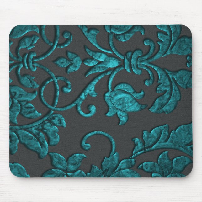 Embossed Metallic Damask, Teal Mouse Mat (Front)