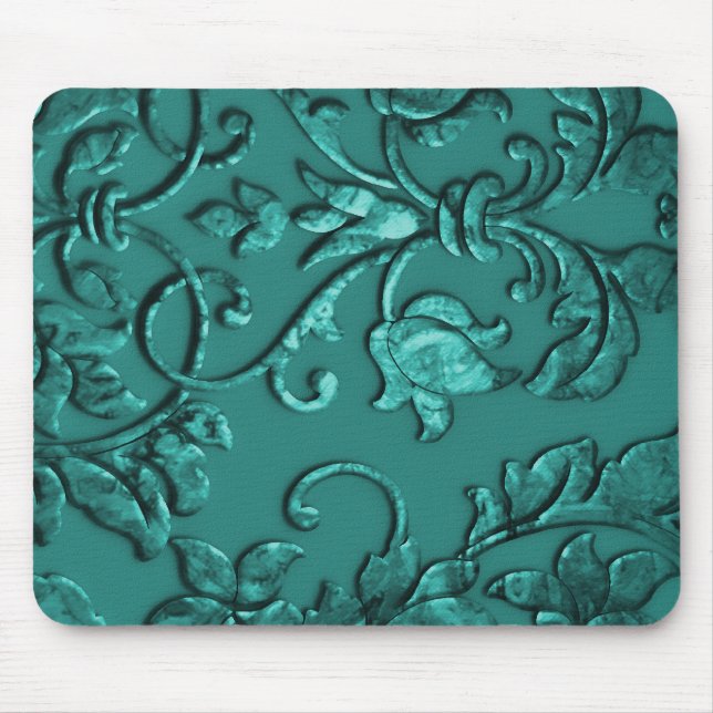 Embossed Metallic Damask, Teal Mouse Mat (Front)
