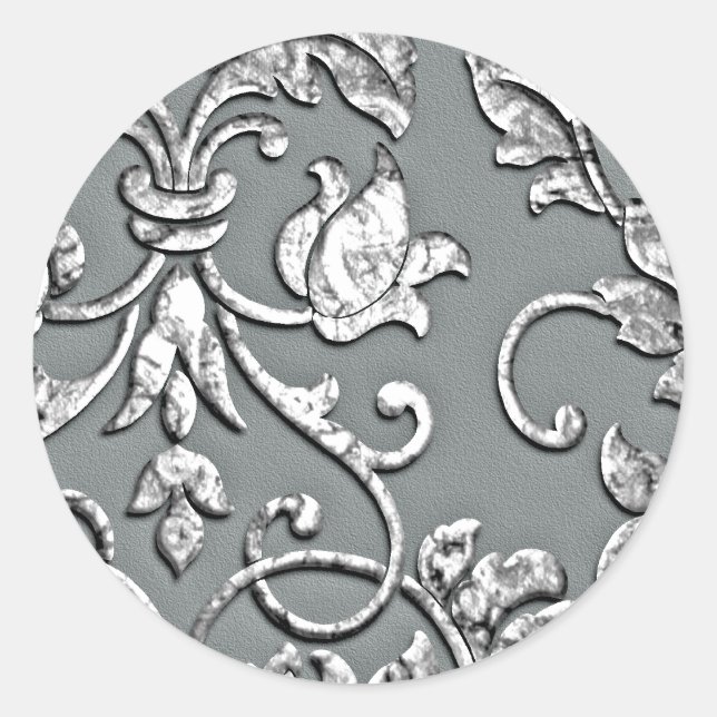 Embossed Metallic Look Damask Silver Classic Round Sticker (Front)