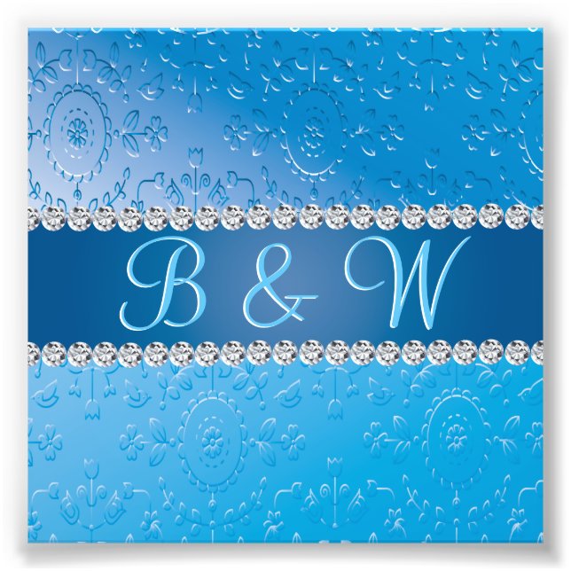 Embossed Monogram Blue Flower Photo Print (Front)