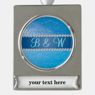 Embossed Monogram Blue Flower Silver Plated Banner Ornament