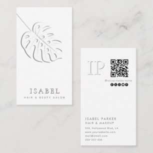 Embossed monstera leaf monogram Qr code Business Card