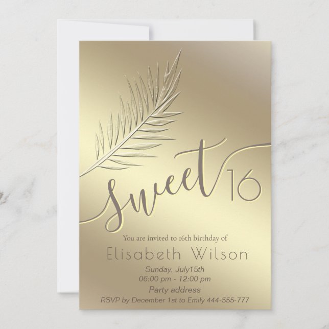 Embossed palm minimalist gold script sweet 16 invitation (Front)