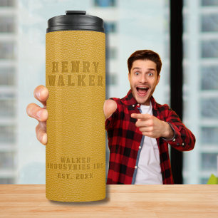 Embossed Personalised Gold Yellow Vegan Leather Thermal Tumbler