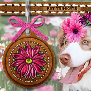 Embossed Pink Leather Spring Flower Dog Cat Pet Tag