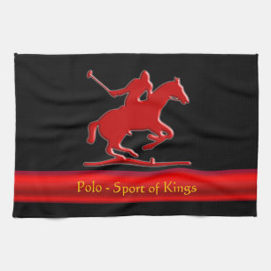 Embossed Polo Pony and Rider, red chrome-look Tea Towel