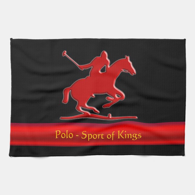 Embossed Polo Pony and Rider, red chrome-look Tea Towel (Horizontal)