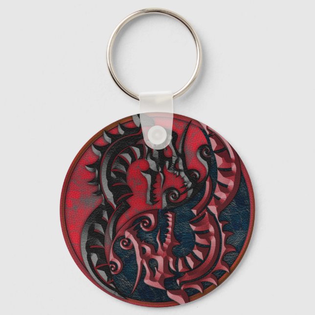 Embossed Red & Black Leather Dragon Yin Yang Key Ring (Front)