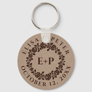 Embossed rose wreath on rustic kraft paper wedding key ring