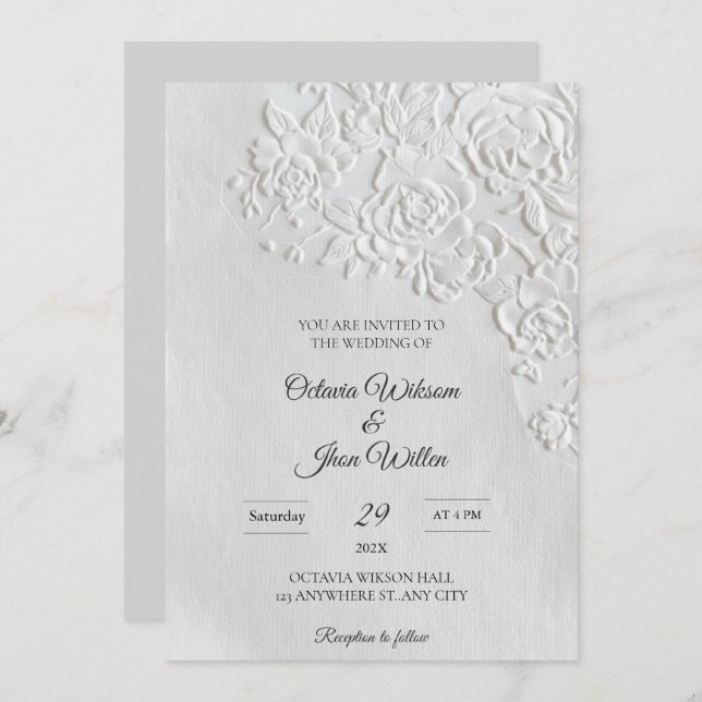 Embossed Roses Deckled Edge Sage Wedding Invitation (Front/Back)