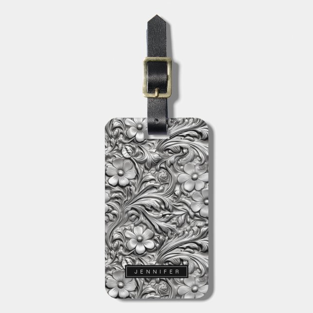 Embossed Silver Floral Luggage Tags (Front Vertical)