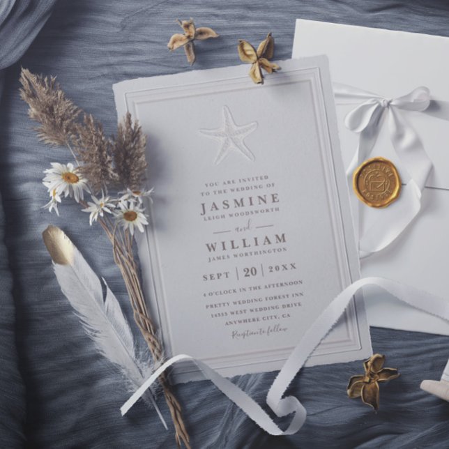 Embossed Starfish Coastal Formal Elegant Wedding Invitation (Creator Uploaded)
