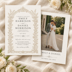 Embossed Style Floral Ornate Arch Ivory Wedding Invitation