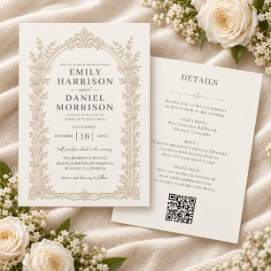 Embossed Style Ivory Floral Arch QR Code Wedding Invitation
