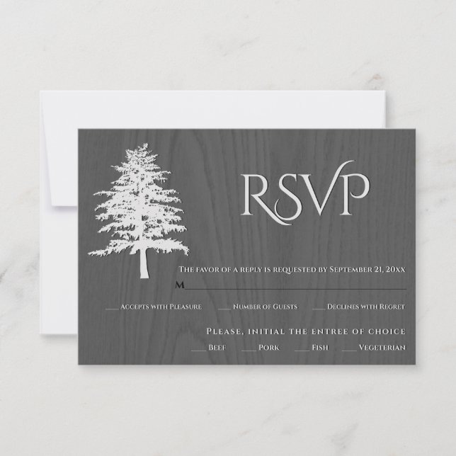 Embossed tree grey wood rustic wedding RSVP card (Front)
